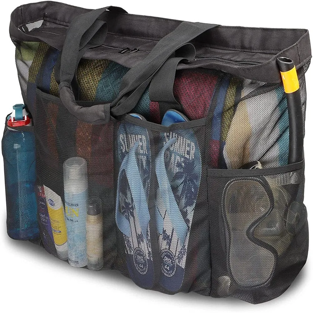 Extra Large Mesh Beach Bags and Totes Large Capacity Storage 30L/150lbs Durable Toy Tote Bag with Extra 8 Pockets&amp; Ins