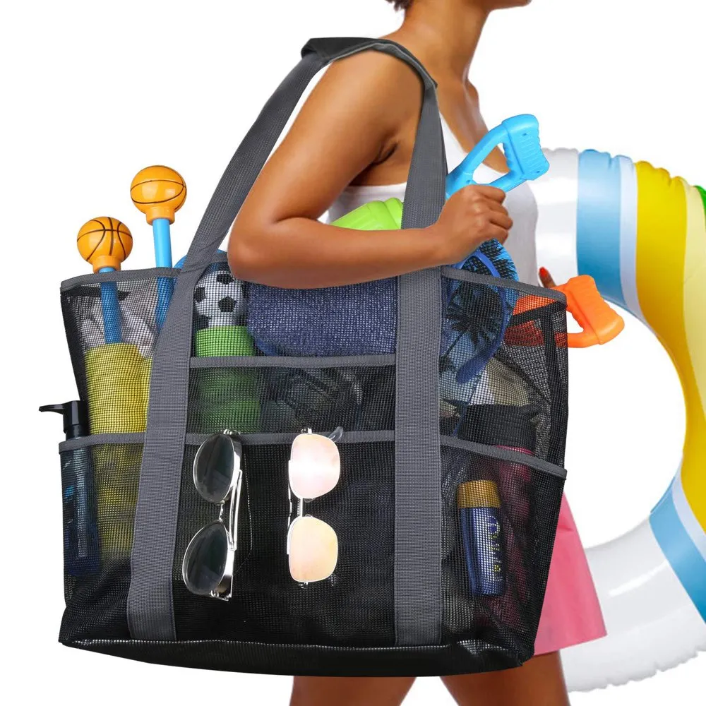 Extra Large Mesh Beach Bags and Totes Large Capacity Storage 30L/150lbs Durable Toy Tote Bag with Extra 8 Pockets&amp; Ins