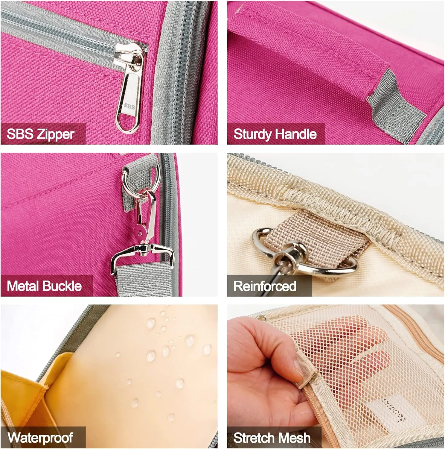 Extra Large Toiletry Bag for Women and Men, 6 Organizer Compartments, Holds Full Size Shampoo, with Hanging Hook Cosmetic Bag, Travel Makeup Bag, Bathroom Water-resistant Toiletries Bag, Rose Red