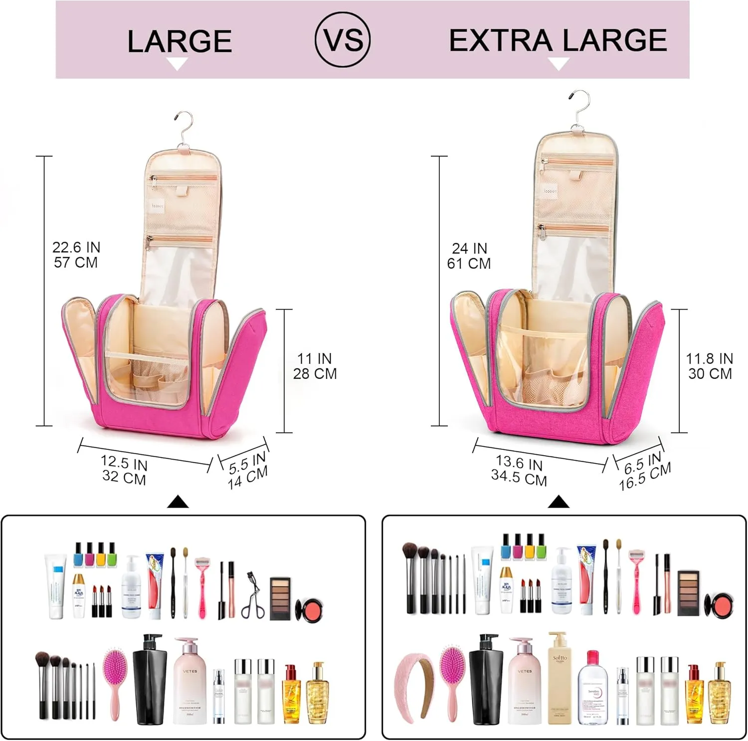 Extra Large Toiletry Bag for Women and Men, 6 Organizer Compartments, Holds Full Size Shampoo, with Hanging Hook Cosmetic Bag, Travel Makeup Bag, Bathroom Water-resistant Toiletries Bag, Rose Red
