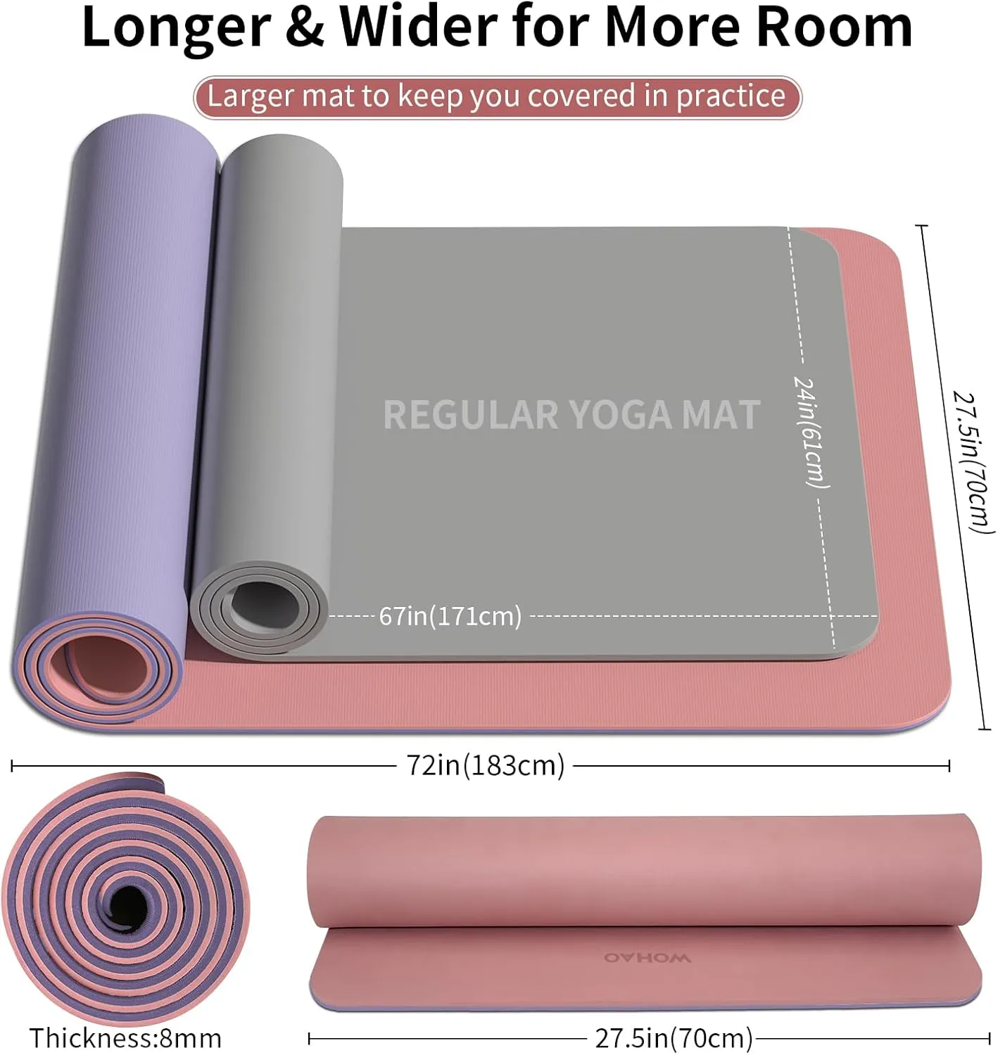 Extra Thick 8mm Yoga Mat, 72"x28" Two-Sided Non-Slip Exercise Mat, Non-Toxic & Odorless with Carrying Strap for Yoga, Pilates, Home Gym