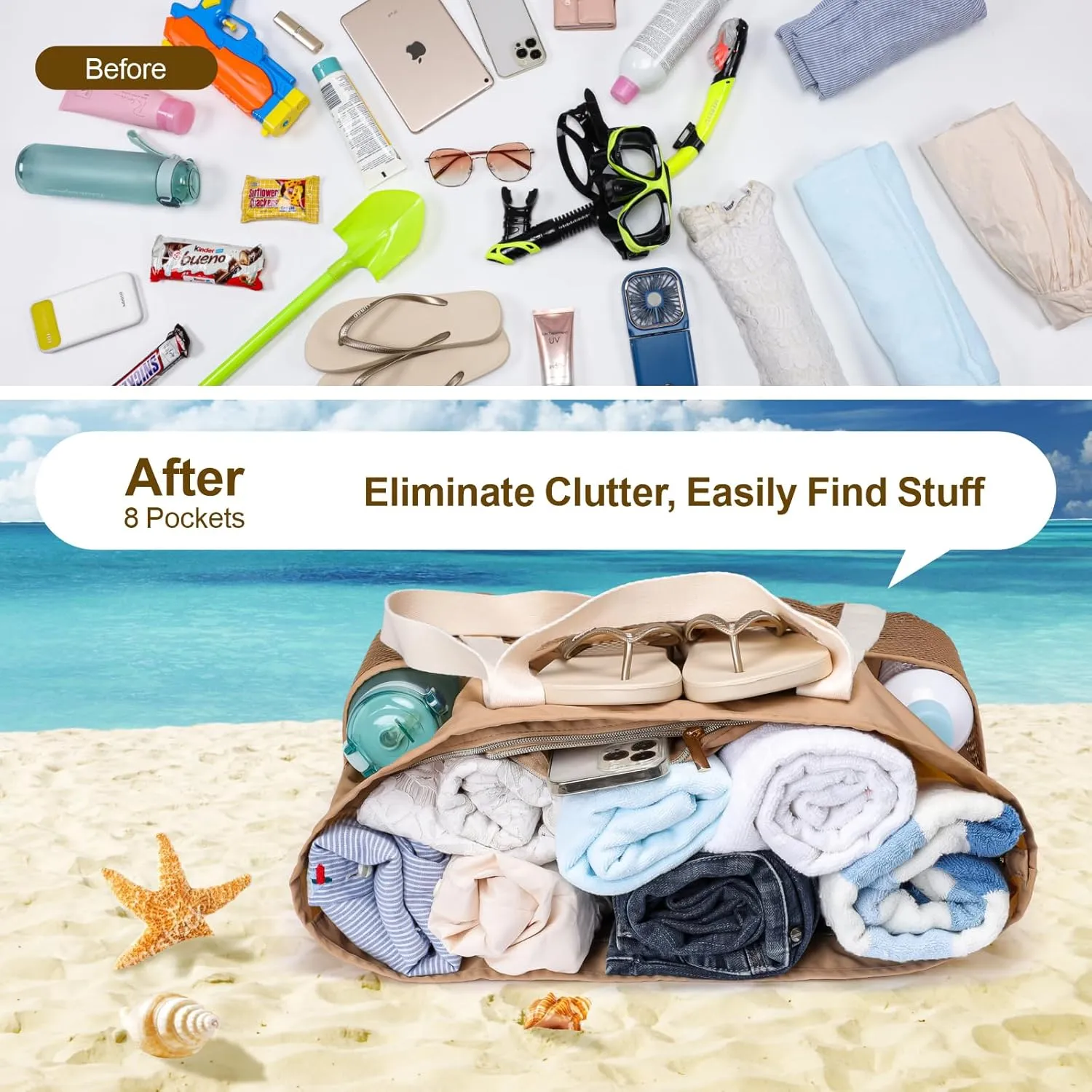 F-color Waterproof Beach Bags for Women - Machine Washable Travel Tote Bag with Zipper Cruise Swim Vacation Essentials