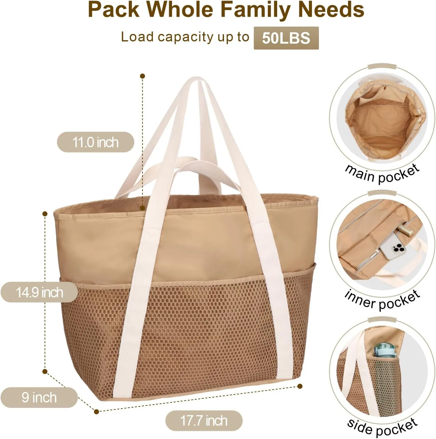 F-color Waterproof Beach Bags for Women - Machine Washable Travel Tote Bag with Zipper Cruise Swim Vacation Essentials