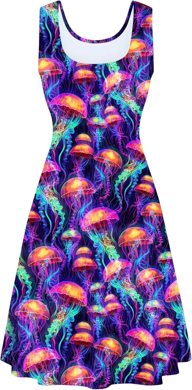 Fanient Womens Sleeveless Dress Casual Print Scoop Neck Sundress A Line Midi Dresses
