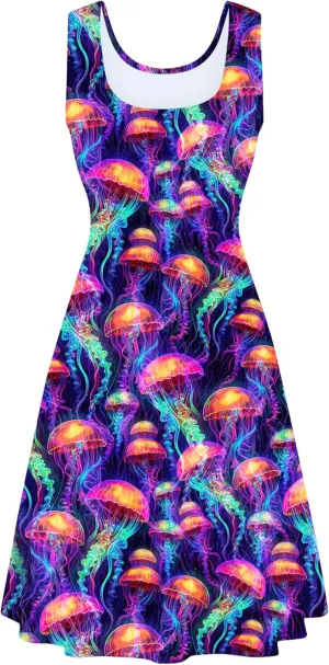 Fanient Womens Sleeveless Dress Casual Print Scoop Neck Sundress A Line Midi Dresses