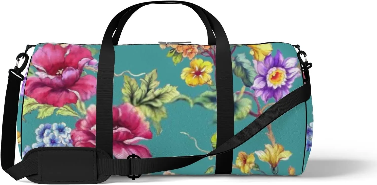Fantacy Watercolor Flowers Sports Duffel Bag Travel Gym Tote Bags Lightweight Durable Shoulder Strap Waterproof Polyester Outside Mesh Pocket Overnight Trip Duffel Bag for Women Men