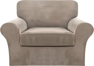 FantasDecor 2 Piece Chair Sofa Covers Velvet for Living Room Slipcovers with Individual Cushion Elastic Furniture Protector for Pets, Machine Washable (Armchair, Taupe)