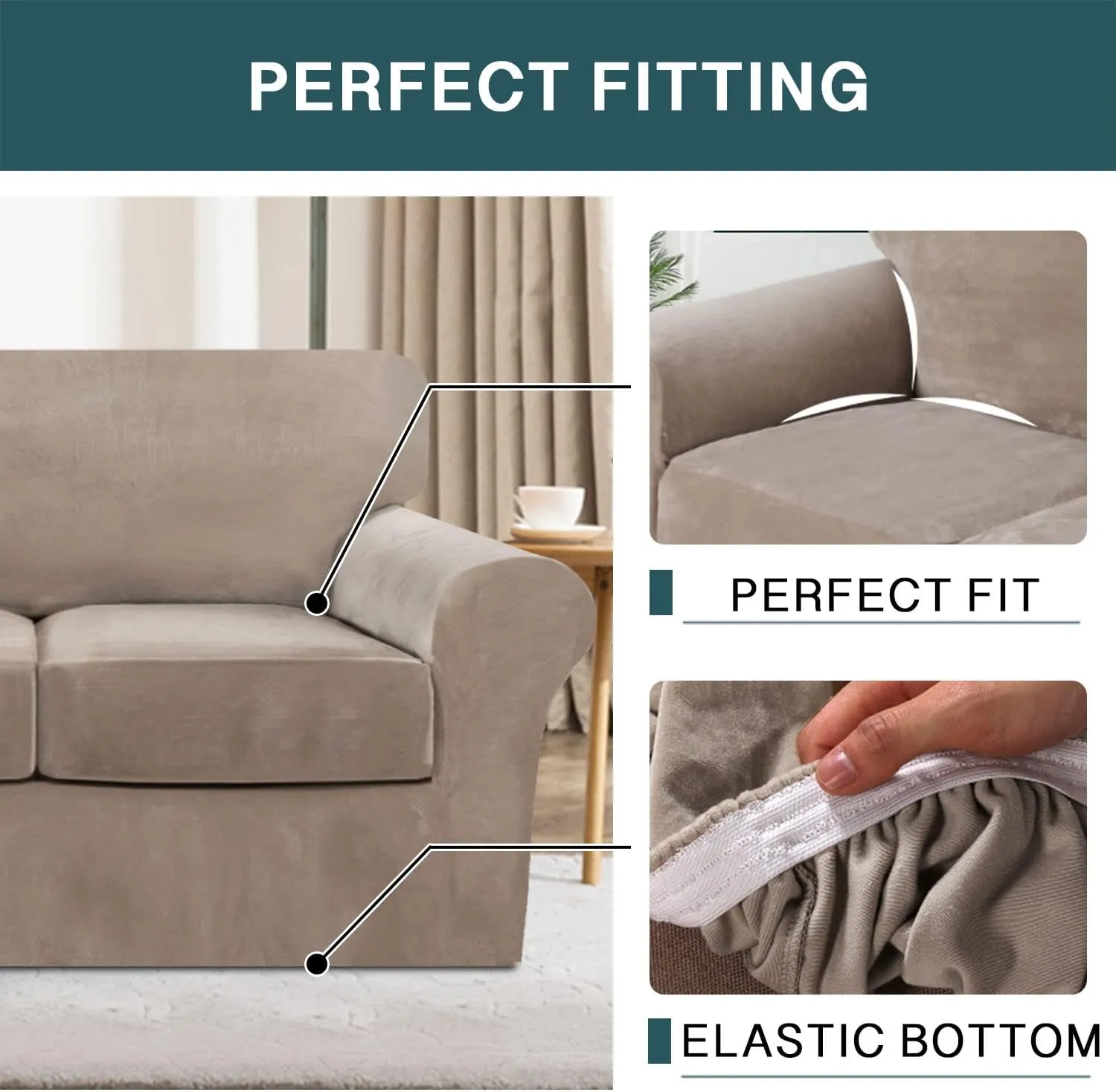 FantasDecor 2 Piece Chair Sofa Covers Velvet for Living Room Slipcovers with Individual Cushion Elastic Furniture Protector for Pets, Machine Washable (Armchair, Taupe)