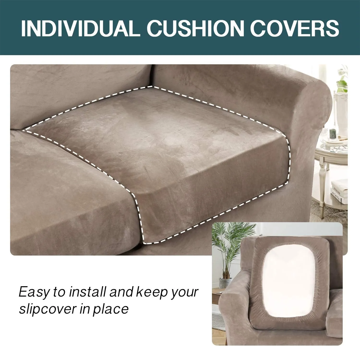 FantasDecor 2 Piece Chair Sofa Covers Velvet for Living Room Slipcovers with Individual Cushion Elastic Furniture Protector for Pets, Machine Washable (Armchair, Taupe)