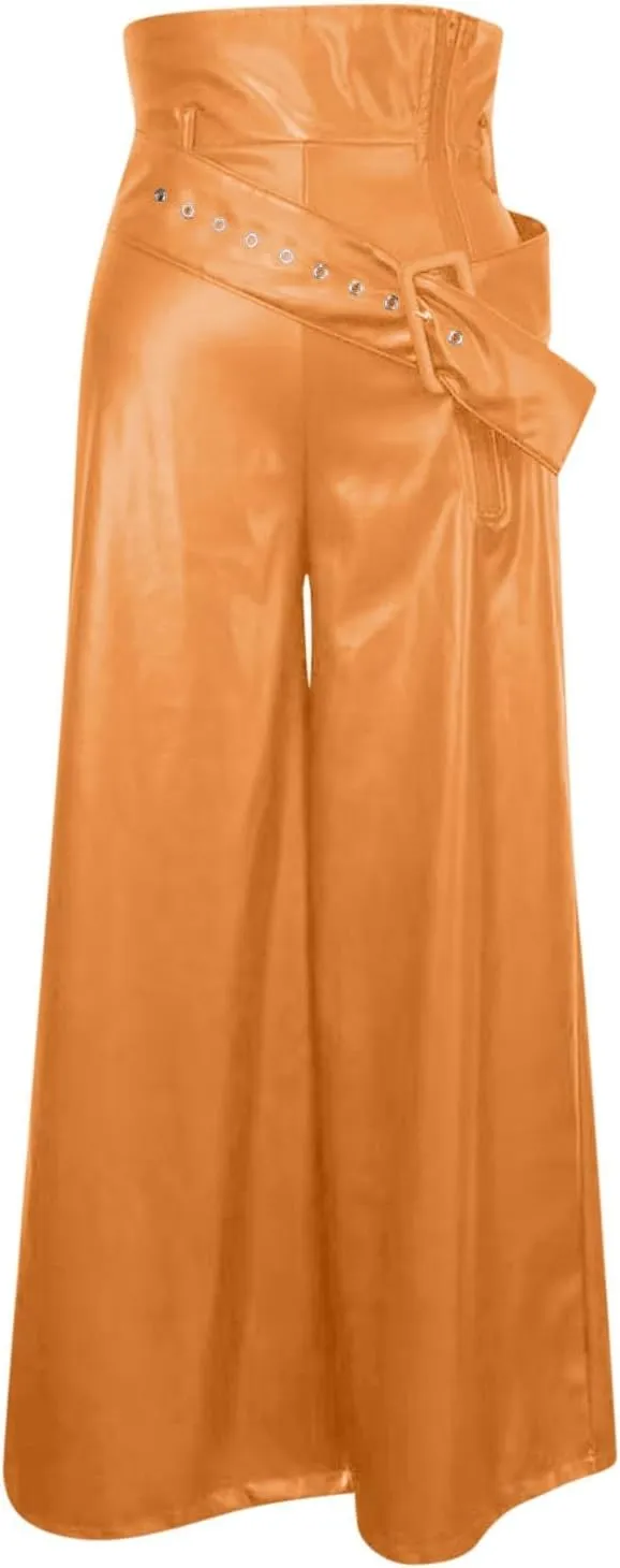 Faux Leather Flare Leg Pants Trousers High Waisted Ruched Zipper Leather Trousers PU Leather Stacked Skinny Pants