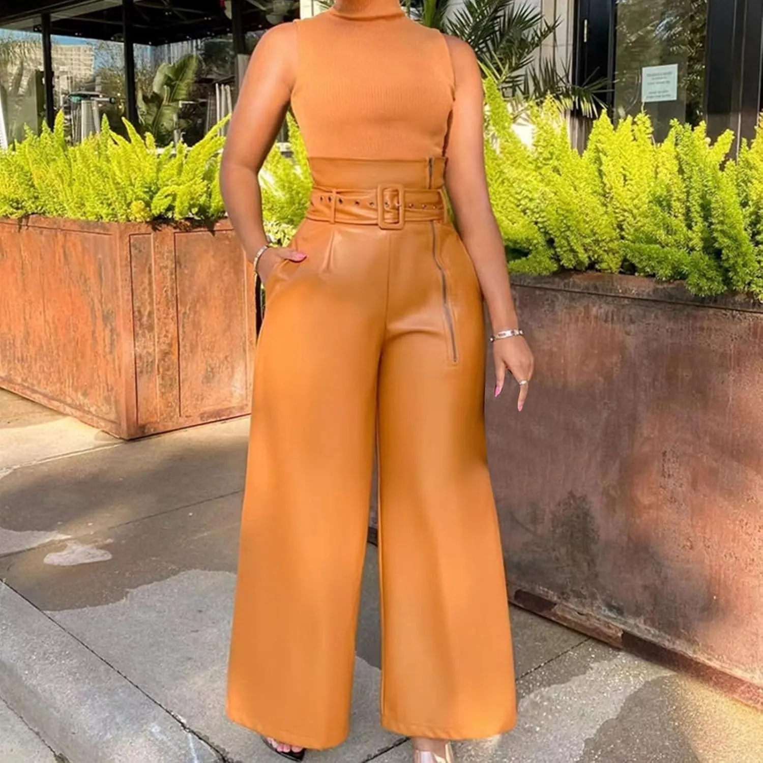 Faux Leather Flare Leg Pants Trousers High Waisted Ruched Zipper Leather Trousers PU Leather Stacked Skinny Pants