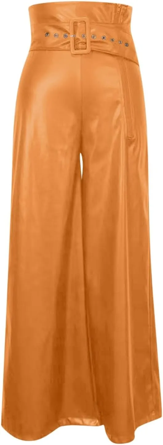 Faux Leather Flare Leg Pants Trousers High Waisted Ruched Zipper Leather Trousers PU Leather Stacked Skinny Pants