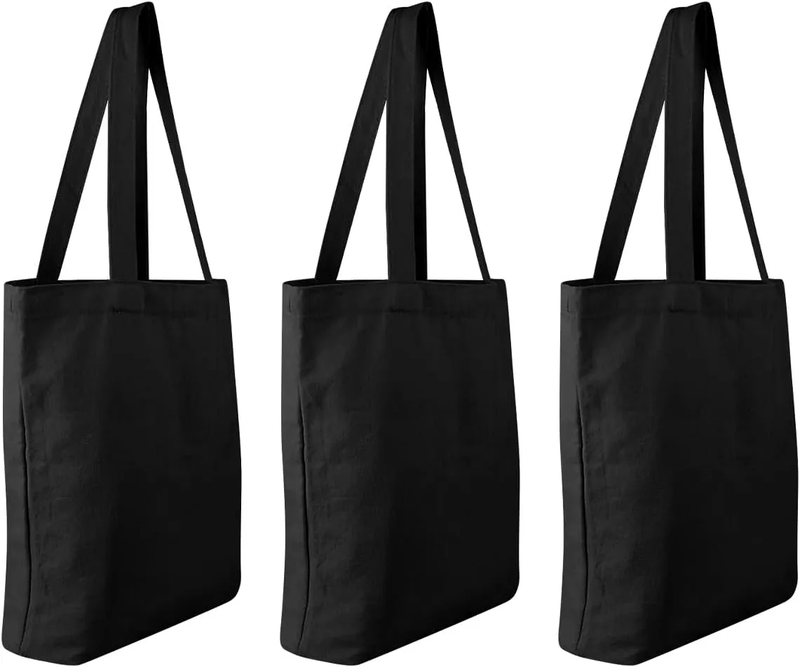 Faylapa 6 Pcs Canvas Tote Bags,Heavy Duty and Strong Easter Hunter Bag Shopping Grocery Bag Blank Cotton Bags for Decorating Crafts DIY,Painting (Black 13.6"x 15.3")