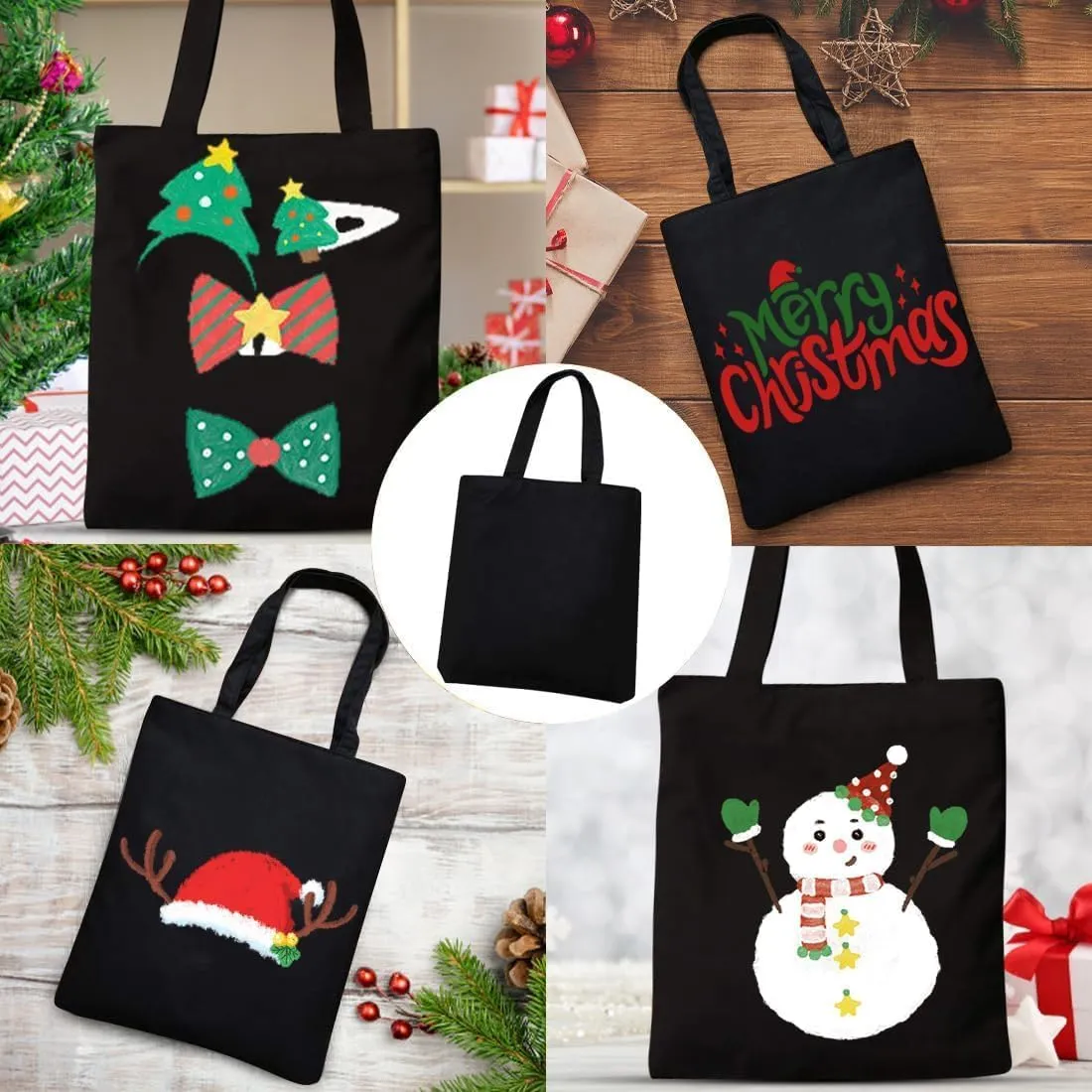 Faylapa 6 Pcs Canvas Tote Bags,Heavy Duty and Strong Easter Hunter Bag Shopping Grocery Bag Blank Cotton Bags for Decorating Crafts DIY,Painting (Black 13.6"x 15.3")