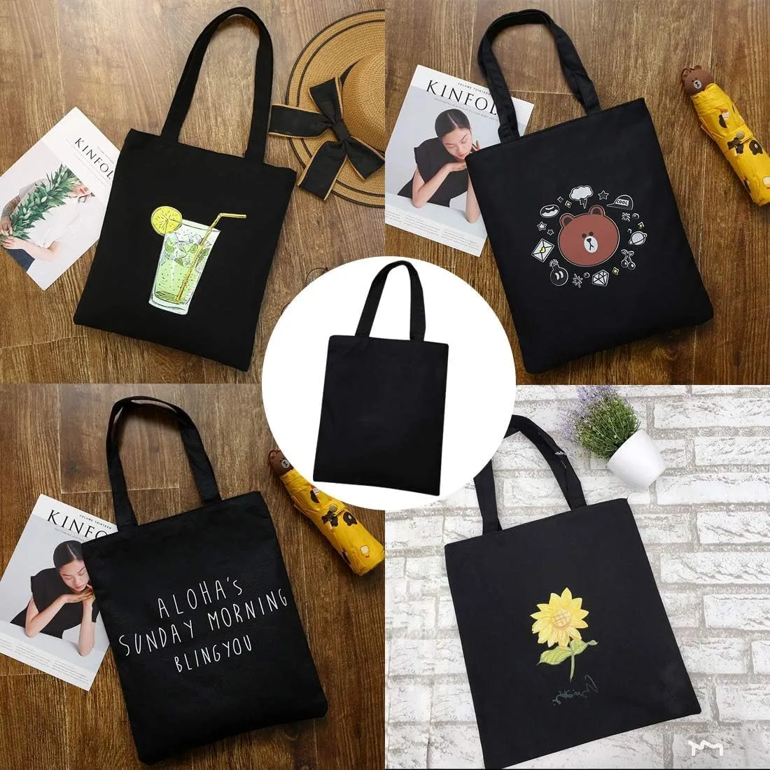 Faylapa 6 Pcs Canvas Tote Bags,Heavy Duty and Strong Easter Hunter Bag Shopping Grocery Bag Blank Cotton Bags for Decorating Crafts DIY,Painting (Black 13.6"x 15.3")