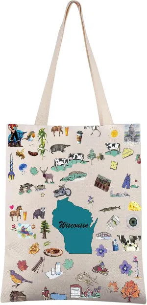 FEELMEM Wisconsin Travel Gift Wisconsin State Canvas Tote Bag Wisconsin Trip Souvenir Shoulder Bag Wisconsin Merchandise