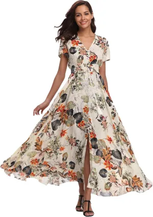 Ferrendo Women's Floral Maxi Dress Button Up Split Flowy Bohemian Party Beach Dresses
