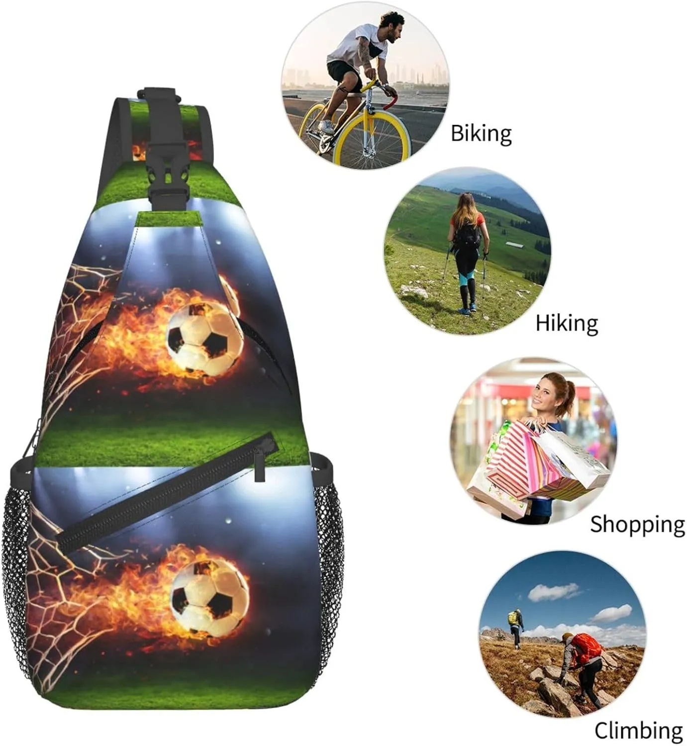 Fiery Flames Soccer Goal Ball And Break Through Net Chest Sling Bag Crossbody Shoulder Backpack Bag Gym Cycling Daypack Travel Hiking Cross Bag