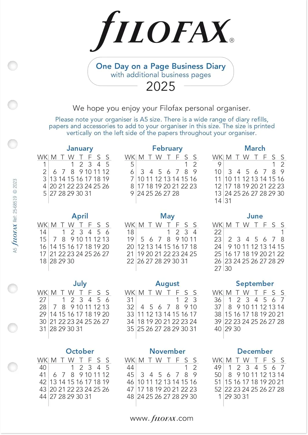 Filofax Calendar Diary Refill, A5 Size, One Day on One Page with Appointments, Business Diary, White Paper, English, 2025 (C68519-25)
