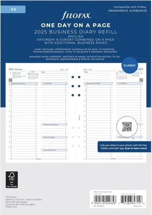 Filofax Calendar Diary Refill, A5 Size, One Day on One Page with Appointments, Business Diary, White Paper, English, 2025 (C68519-25)