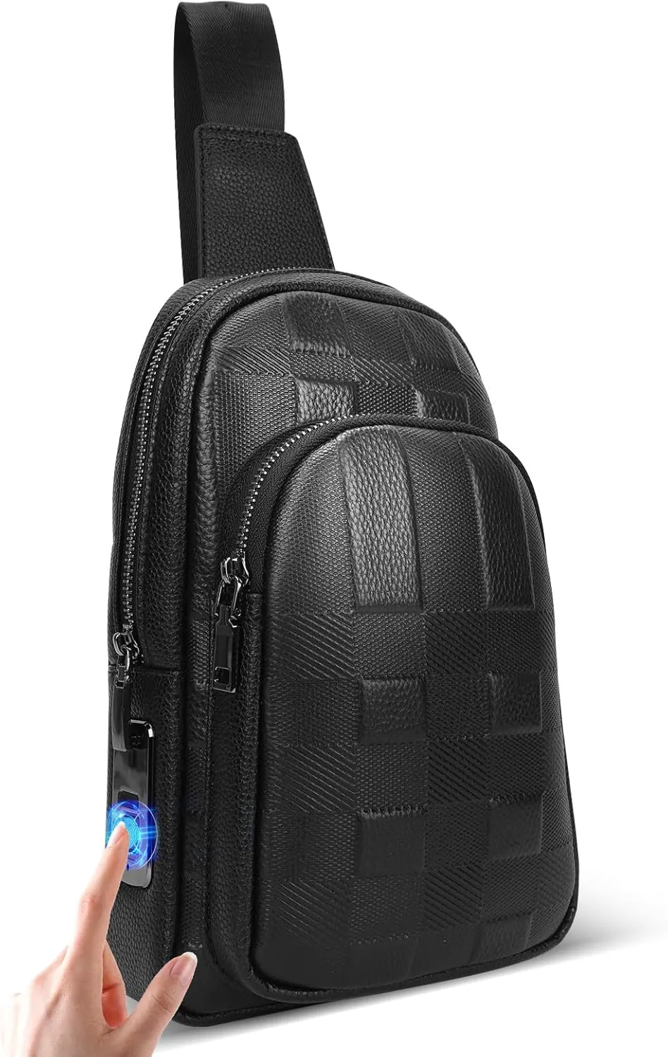Fingerprint Unlock Anti Theft Proof Crossbody Bag Men for Travel Genuine Leather Purse Waterproof Large Sling Bag for Men Multi-pocket Black Backpack