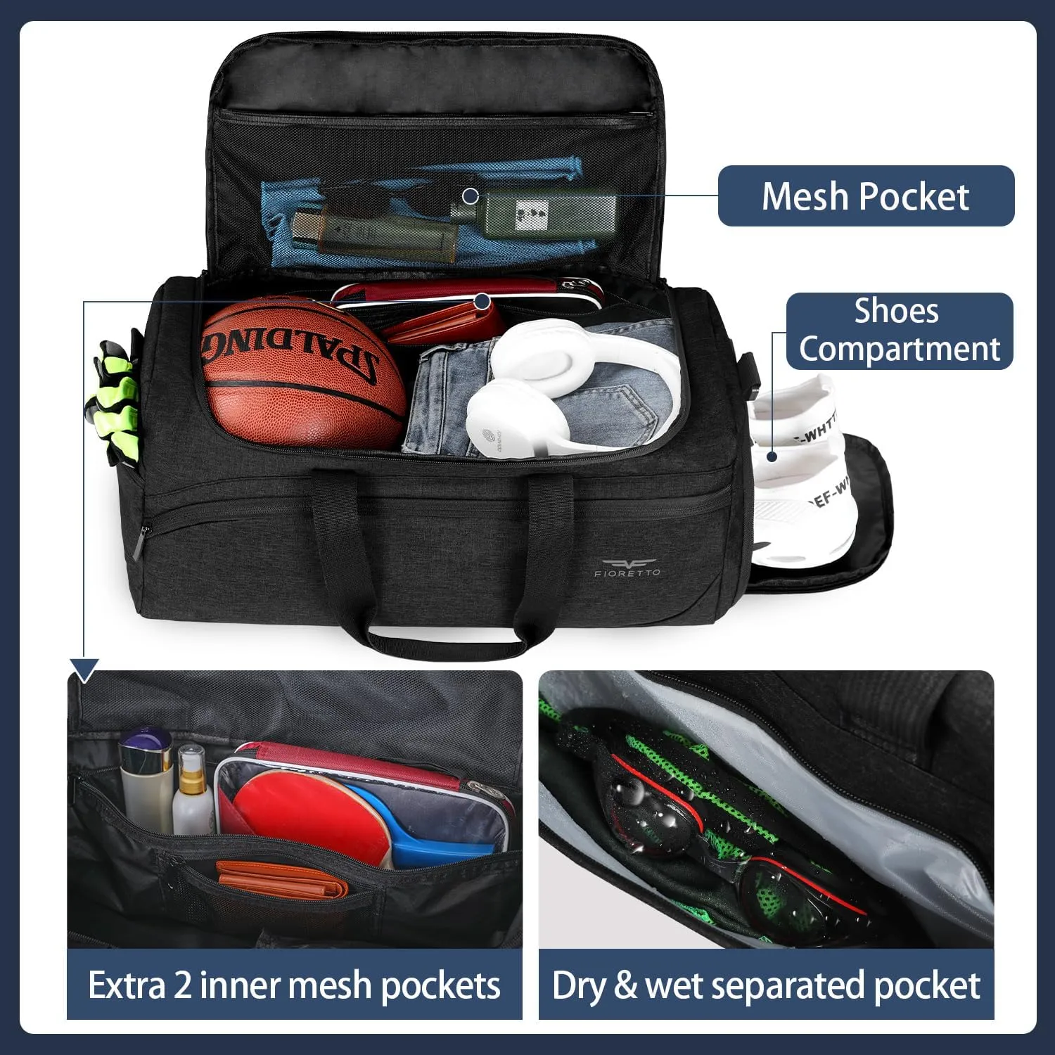 FIORETTO 35L Mens Sports Gym Duffle Bag with Wet Pocket & Shoe Compartment, Overnight Weekender Bag with Padded Shoulder Strap, Ideal for Travel, Gym, Sports, Swimming, Black