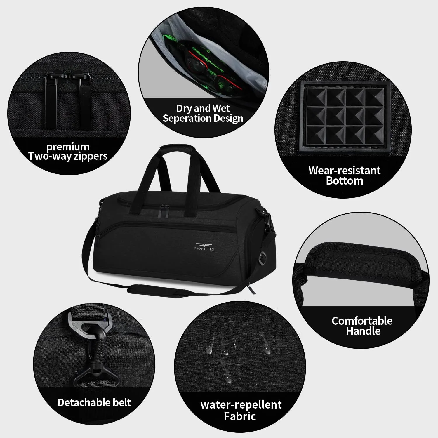 FIORETTO 35L Mens Sports Gym Duffle Bag with Wet Pocket & Shoe Compartment, Overnight Weekender Bag with Padded Shoulder Strap, Ideal for Travel, Gym, Sports, Swimming, Black