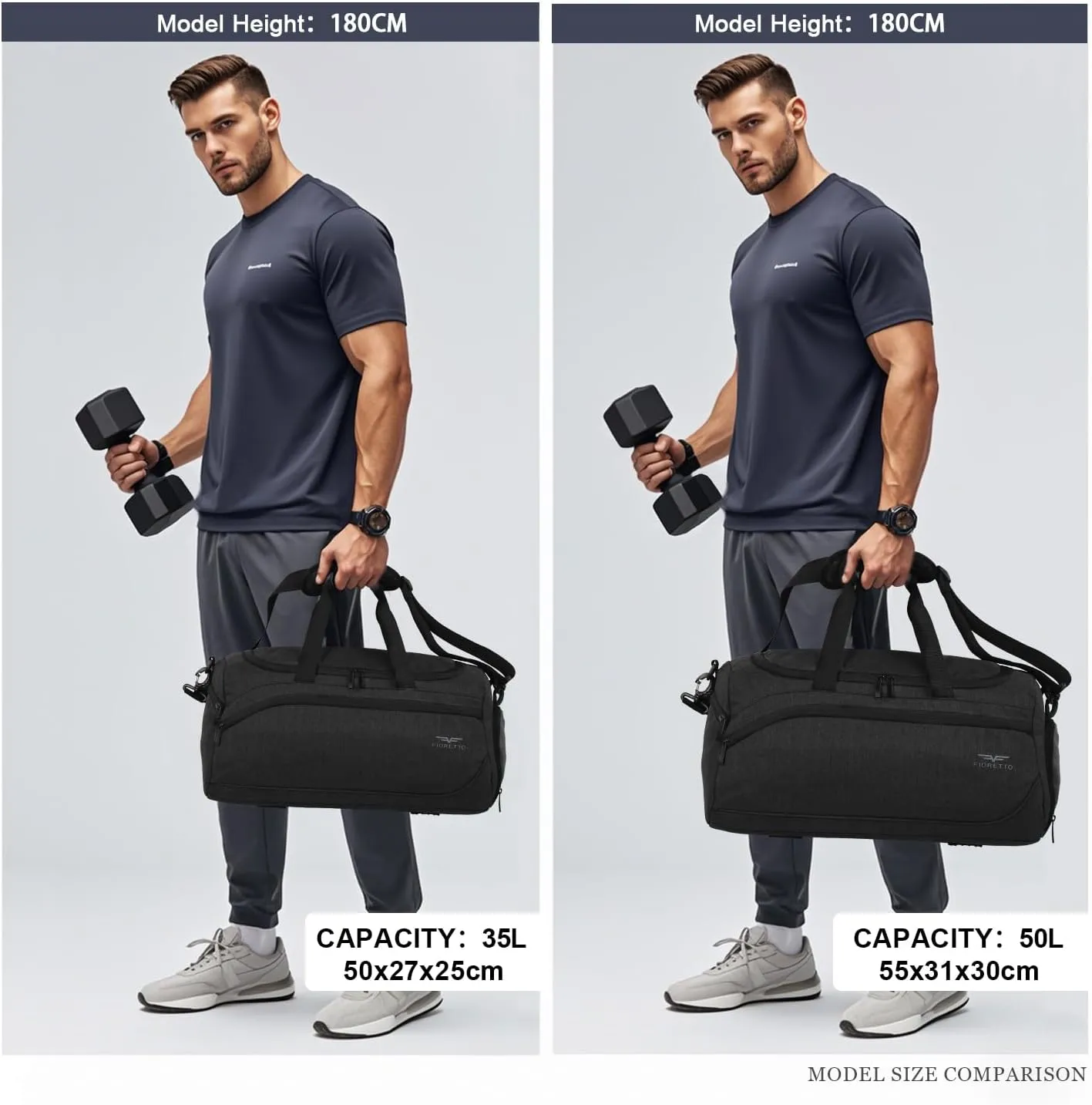 FIORETTO 35L Mens Sports Gym Duffle Bag with Wet Pocket & Shoe Compartment, Overnight Weekender Bag with Padded Shoulder Strap, Ideal for Travel, Gym, Sports, Swimming, Black