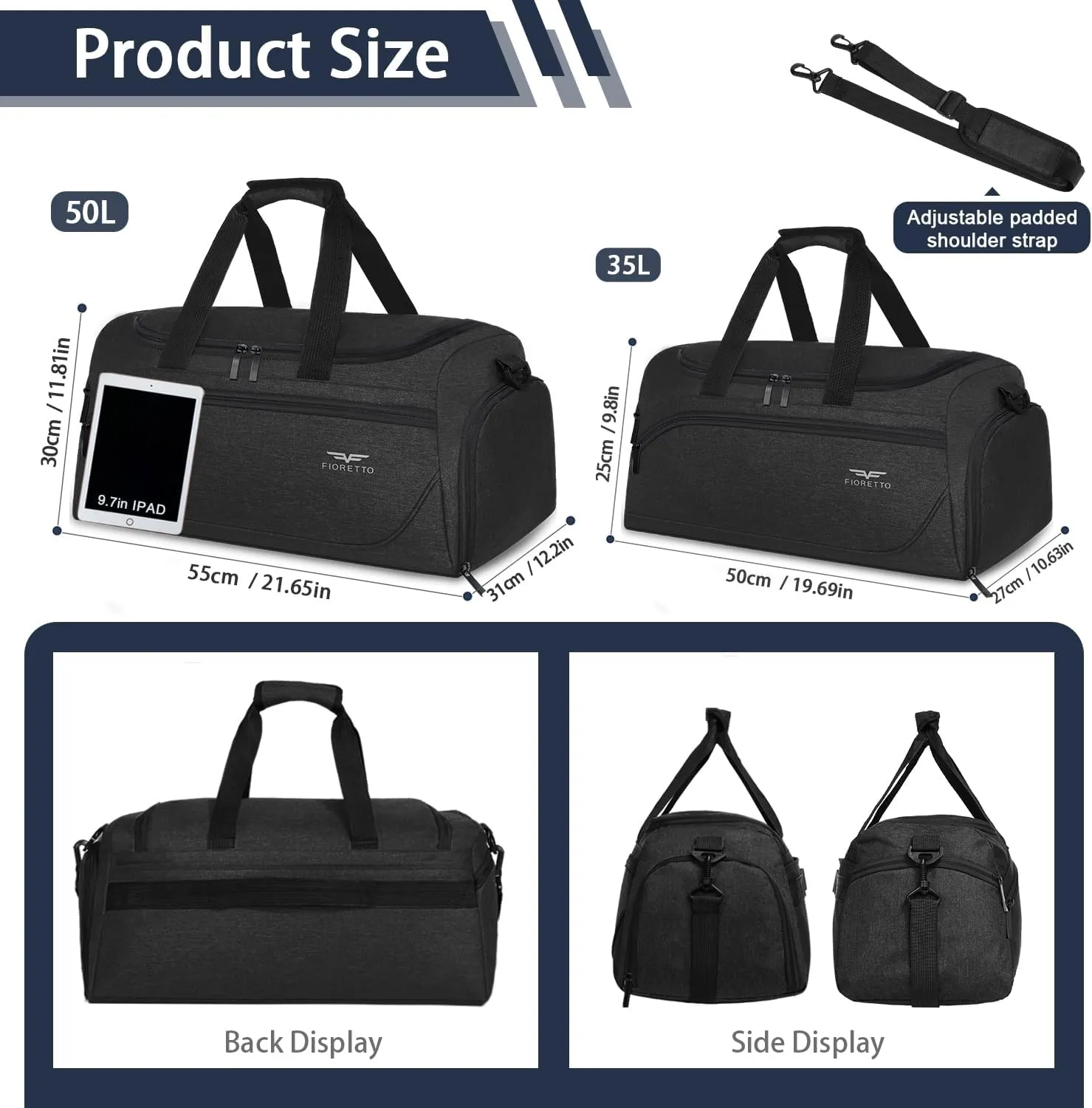 FIORETTO 35L Mens Sports Gym Duffle Bag with Wet Pocket & Shoe Compartment, Overnight Weekender Bag with Padded Shoulder Strap, Ideal for Travel, Gym, Sports, Swimming, Black
