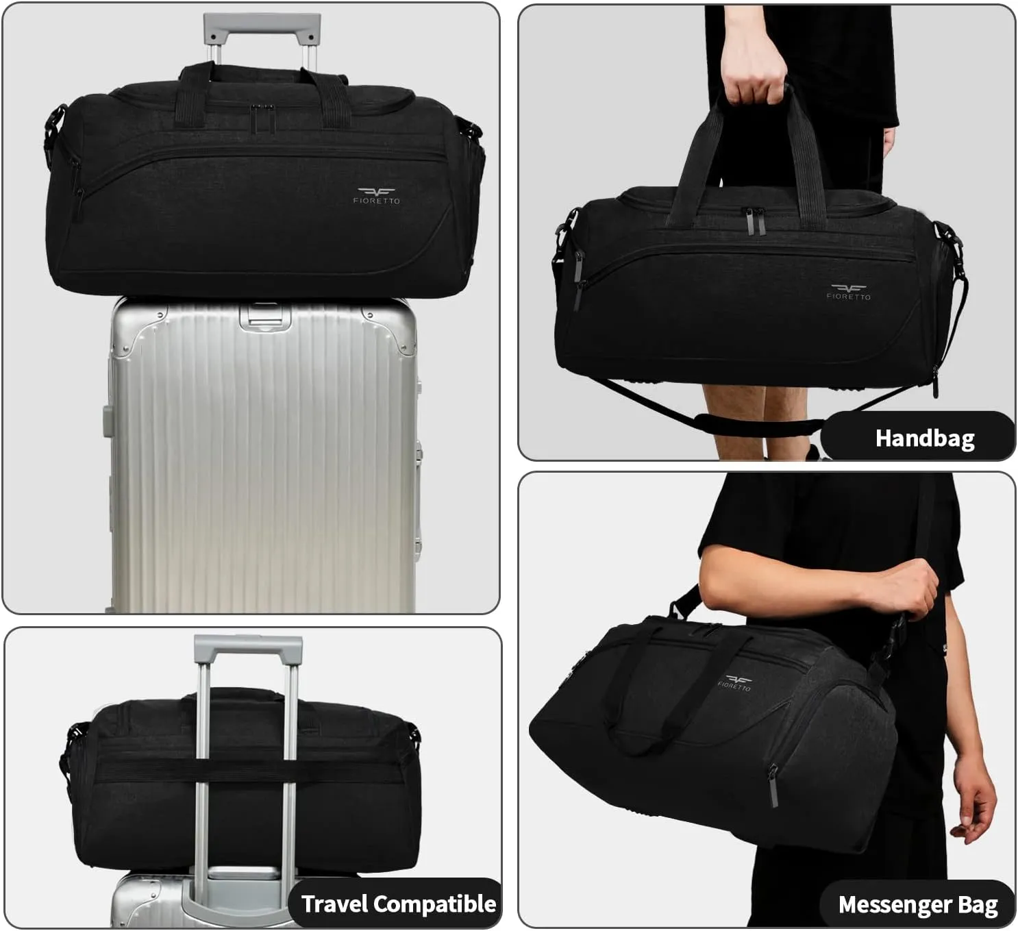 FIORETTO 35L Mens Sports Gym Duffle Bag with Wet Pocket & Shoe Compartment, Overnight Weekender Bag with Padded Shoulder Strap, Ideal for Travel, Gym, Sports, Swimming, Black