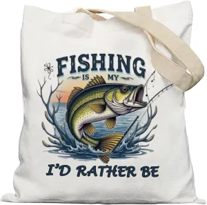 Fishing Camping Tote Bag, I'D Rather Be Fishing Bag, Fisherman Gifts, Funny Fishing Gifts for Men Dad Grandpa Women，Reusable Grocery Bags Shopping Bags
