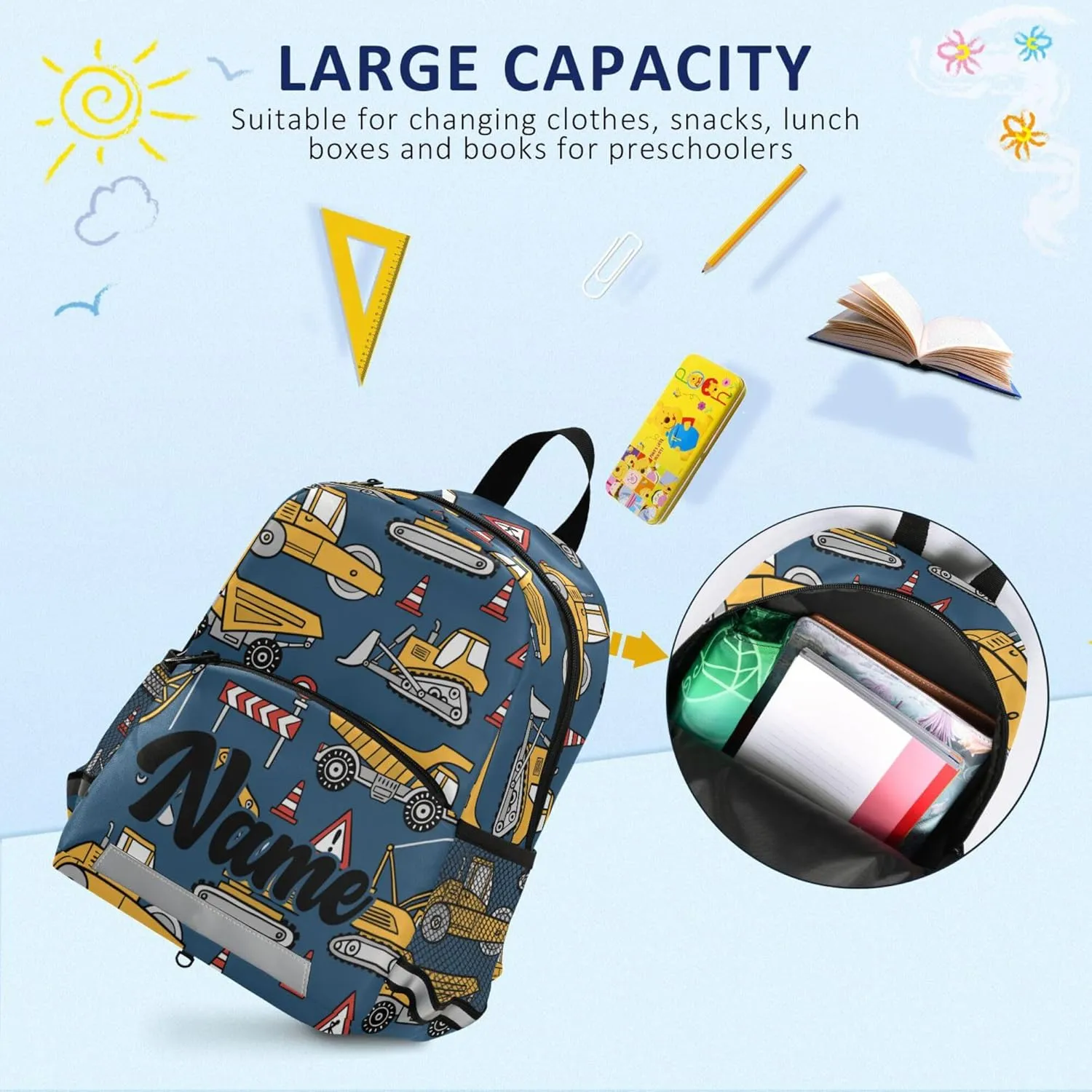 Fisyme Construction Cars Blue Custom Backpack Schoolbag Kids Daypack Toddler Travel School Bag Small Backpacks for Kindergarten Preschool Nursery Boys Girl