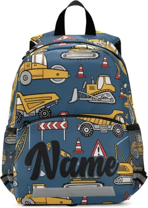 Fisyme Construction Cars Blue Custom Backpack Schoolbag Kids Daypack Toddler Travel School Bag Small Backpacks for Kindergarten Preschool Nursery Boys Girl