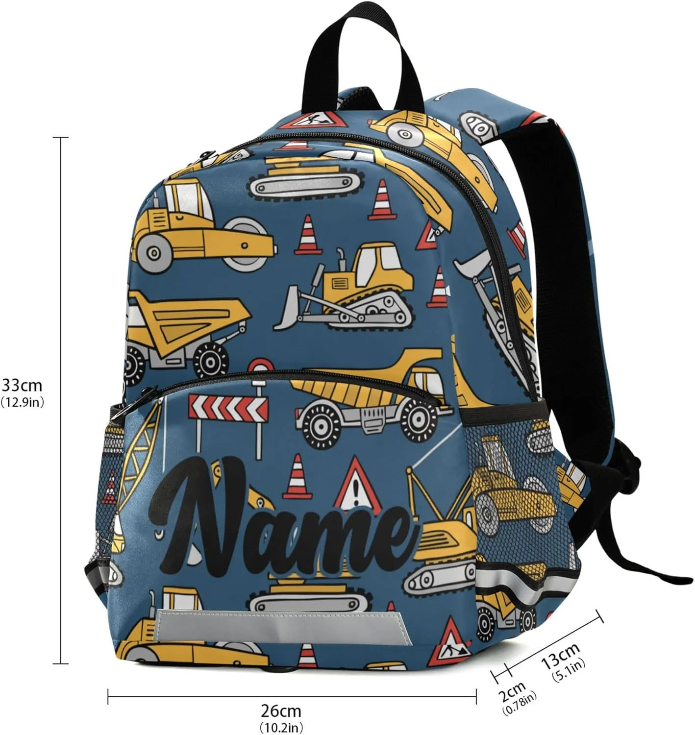 Fisyme Construction Cars Blue Custom Backpack Schoolbag Kids Daypack Toddler Travel School Bag Small Backpacks for Kindergarten Preschool Nursery Boys Girl