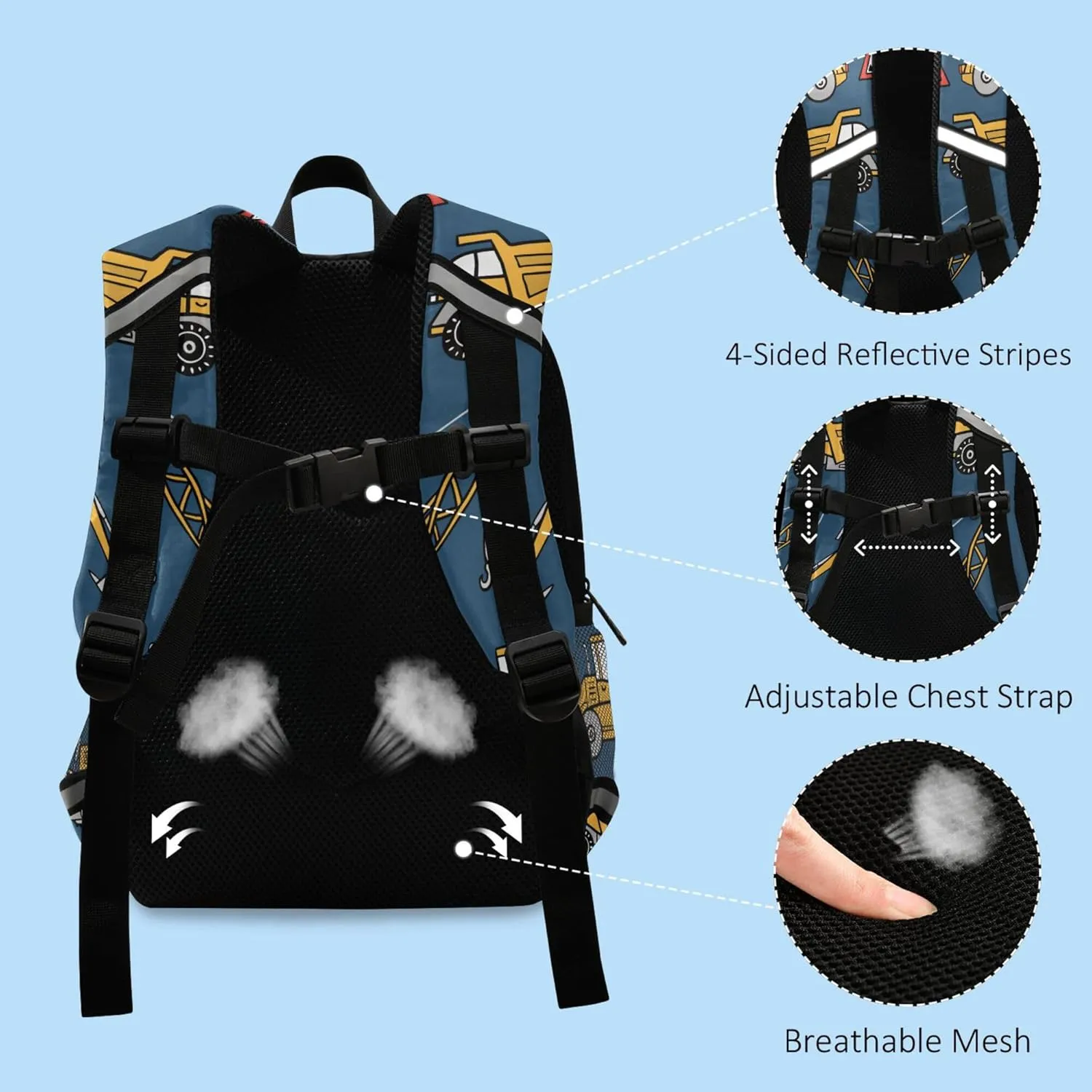 Fisyme Construction Cars Blue Custom Backpack Schoolbag Kids Daypack Toddler Travel School Bag Small Backpacks for Kindergarten Preschool Nursery Boys Girl