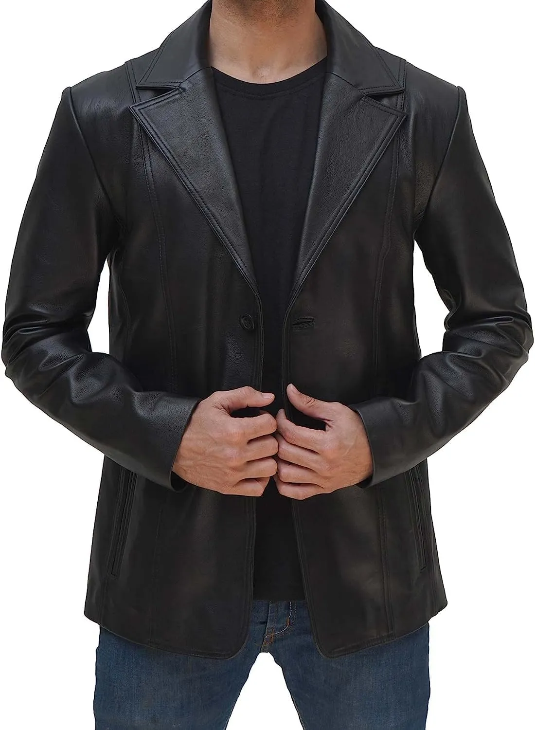 fjackets Men's Real Lambskin Leather Blazer Jacket – Stylish Leather Jackets Mens, Ideal for Business, Casual & Formal Events