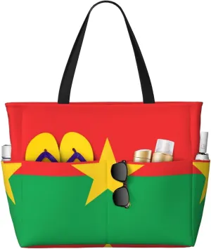 Flag Beach Tote Pool Bags for Women-Cute National Flag Large Grocery Tote Travel Reusable Handbags,7 Pockets, Zipper