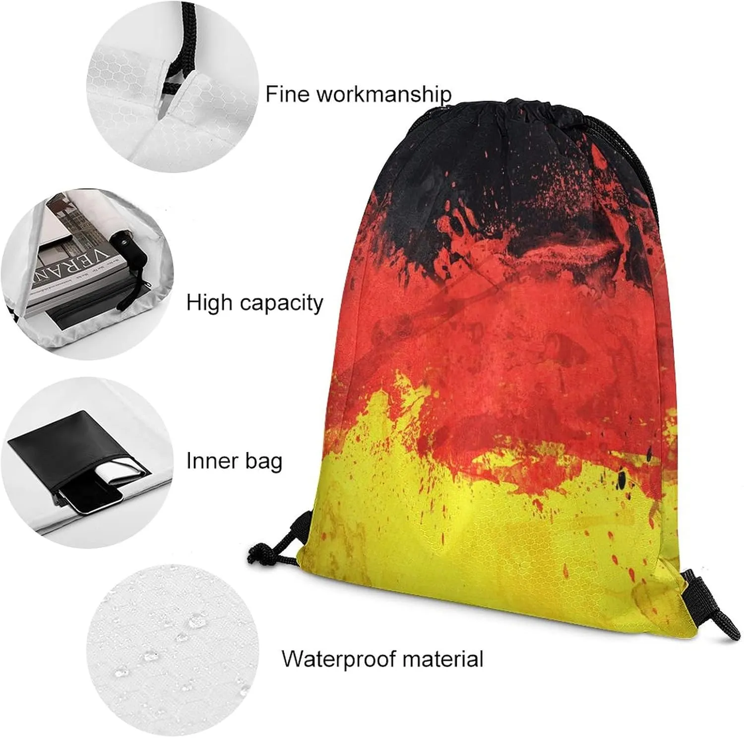 Flag of Germany Drawstring Backpack Sports Gym Sackpack Water Resistant String Bag for Women Men