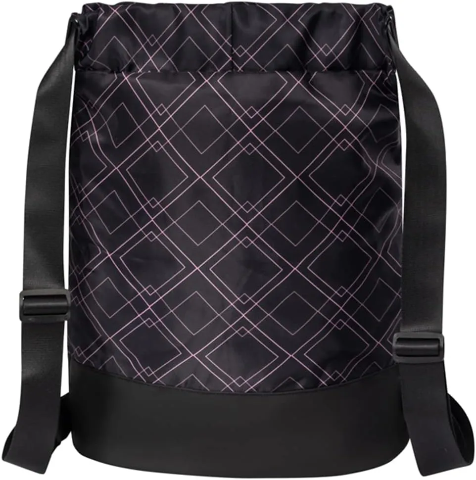 Flex Cinch Drawstring Gym Bag for Women with Graphic Designs | Durable Lightweight Gym Cinch Bags | Great for Gym Bag, Traveling, and Overnights | Black/Rose - Geometric