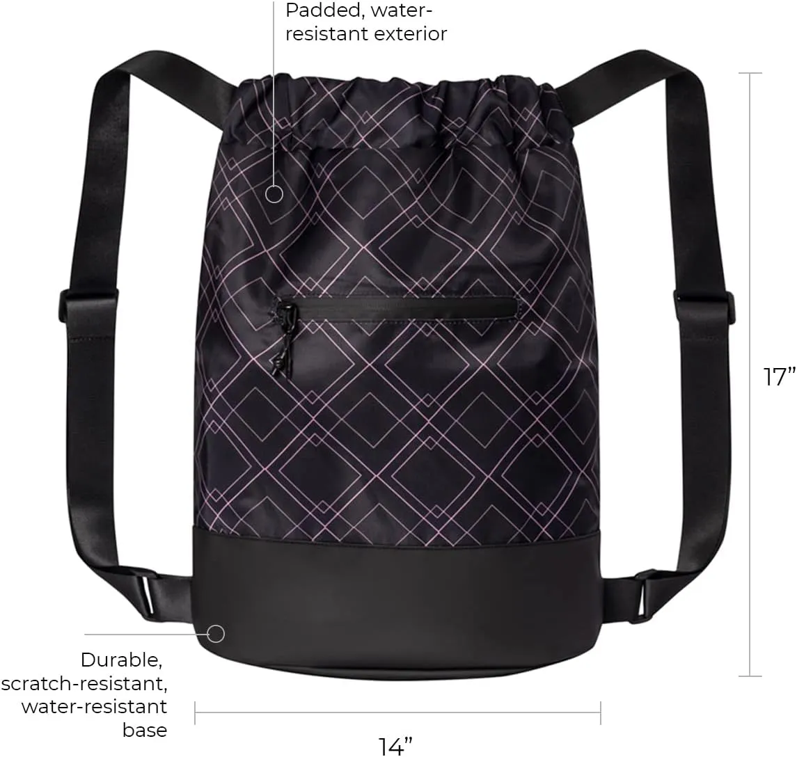 Flex Cinch Drawstring Gym Bag for Women with Graphic Designs | Durable Lightweight Gym Cinch Bags | Great for Gym Bag, Traveling, and Overnights | Black/Rose - Geometric