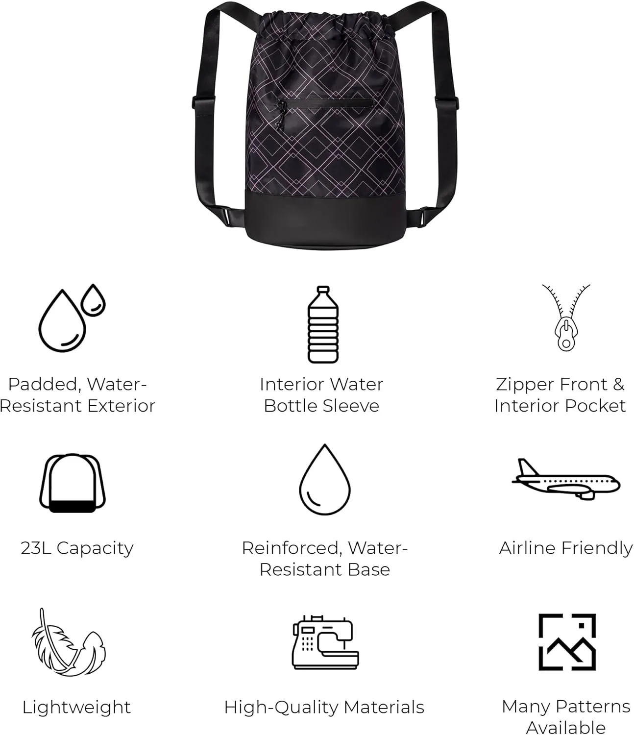 Flex Cinch Drawstring Gym Bag for Women with Graphic Designs | Durable Lightweight Gym Cinch Bags | Great for Gym Bag, Traveling, and Overnights | Black/Rose - Geometric