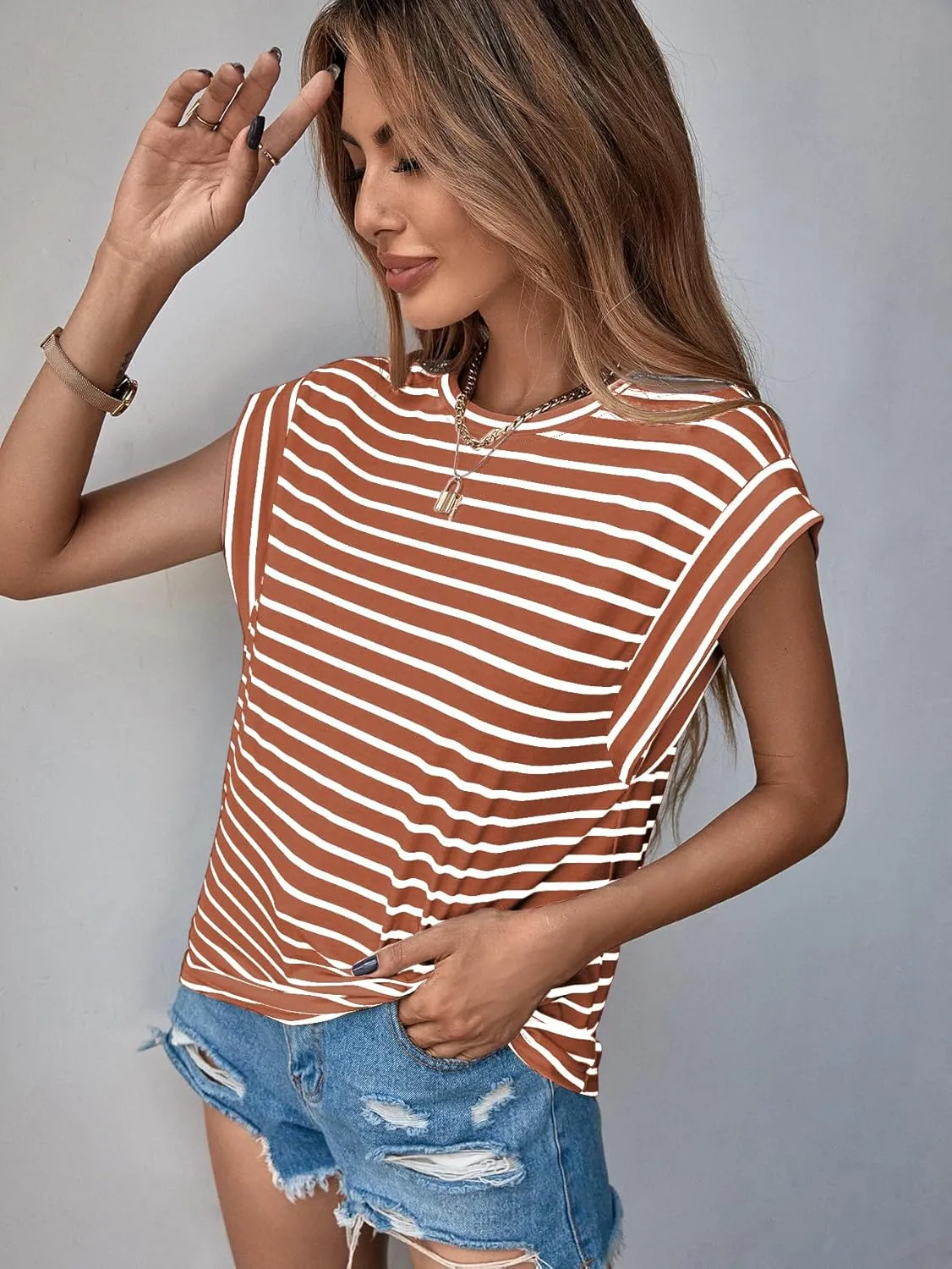 Floerns Women's Casual Stripe Print Cap Sleeve T Shirts Round Neck Tee