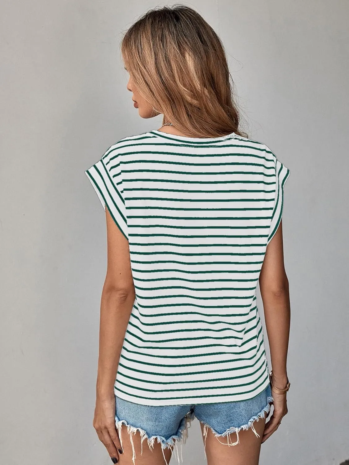 Floerns Women's Casual Stripe Print Cap Sleeve T Shirts Round Neck Tee