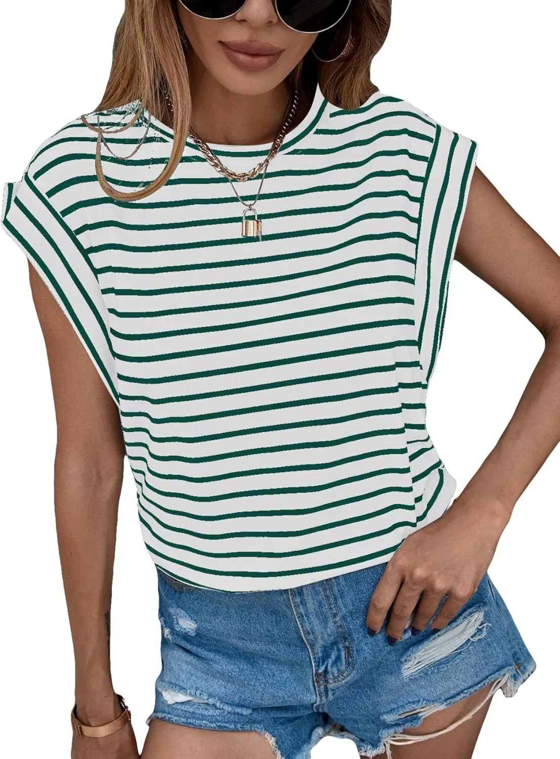 Floerns Women's Casual Stripe Print Cap Sleeve T Shirts Round Neck Tee