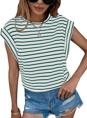Floerns Women's Casual Stripe Print Cap Sleeve T Shirts Round Neck Tee