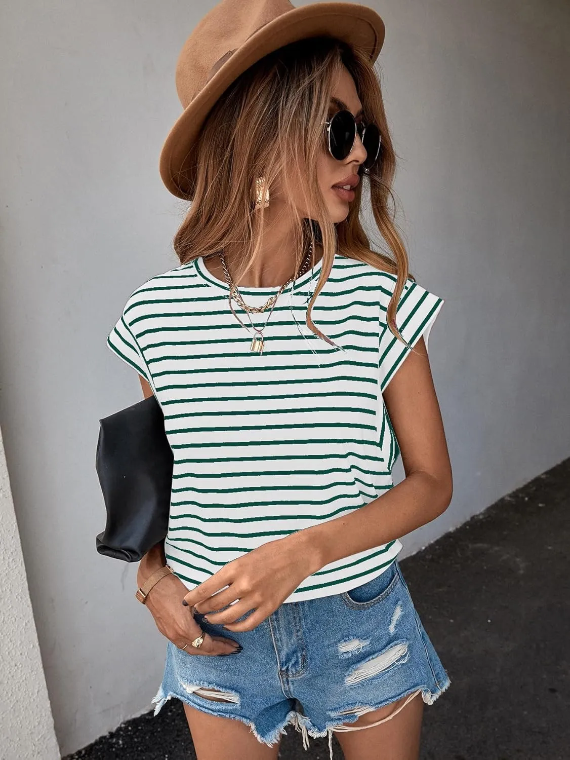 Floerns Women's Casual Stripe Print Cap Sleeve T Shirts Round Neck Tee