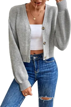 Floerns Women's Solid Long Sleeve Button Down V Neck Cardigan Crop Top Sweater