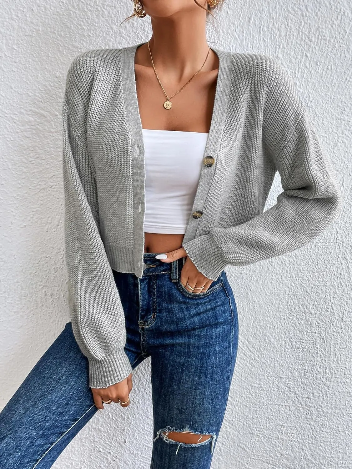 Floerns Women's Solid Long Sleeve Button Down V Neck Cardigan Crop Top Sweater