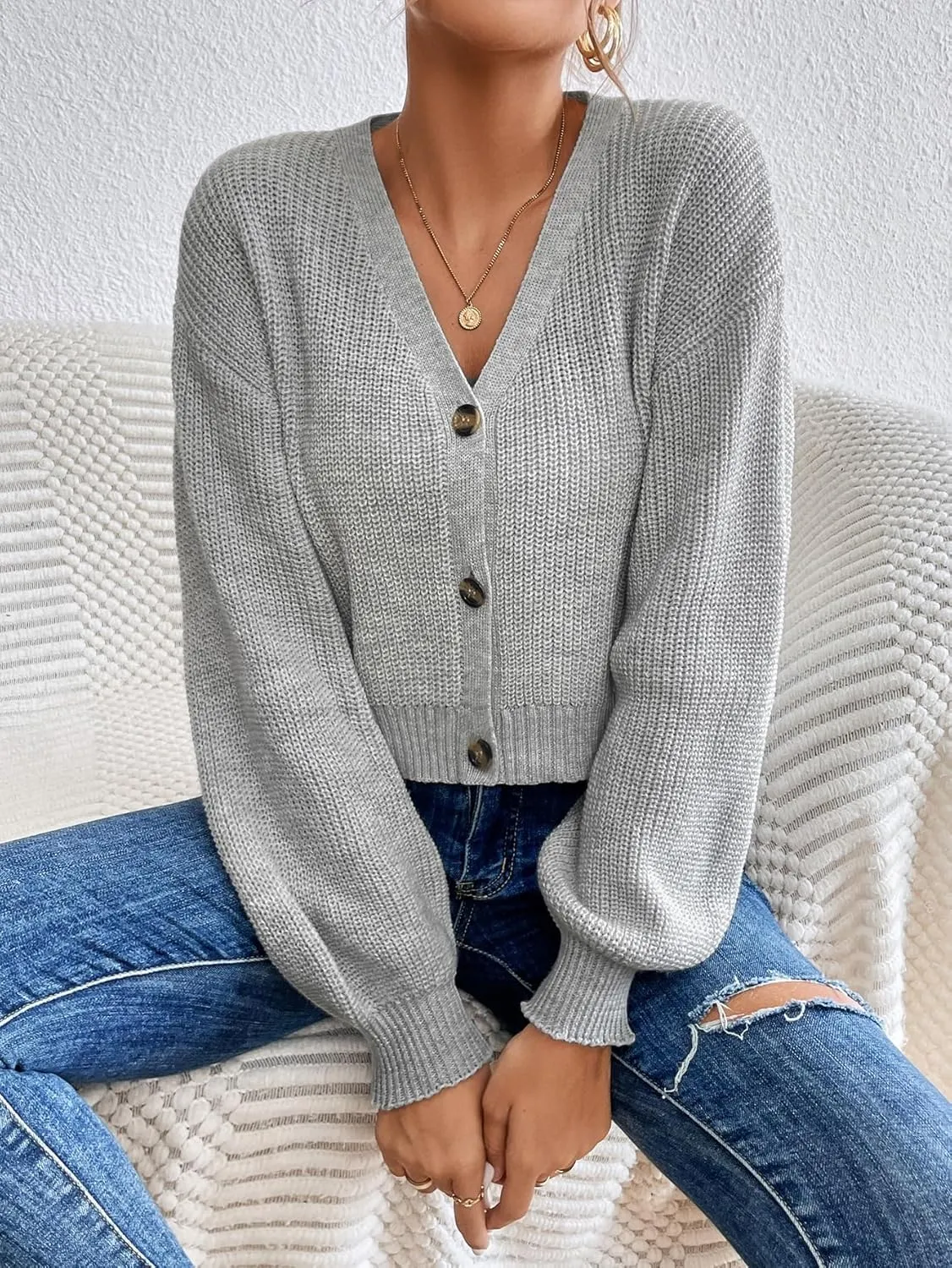 Floerns Women's Solid Long Sleeve Button Down V Neck Cardigan Crop Top Sweater
