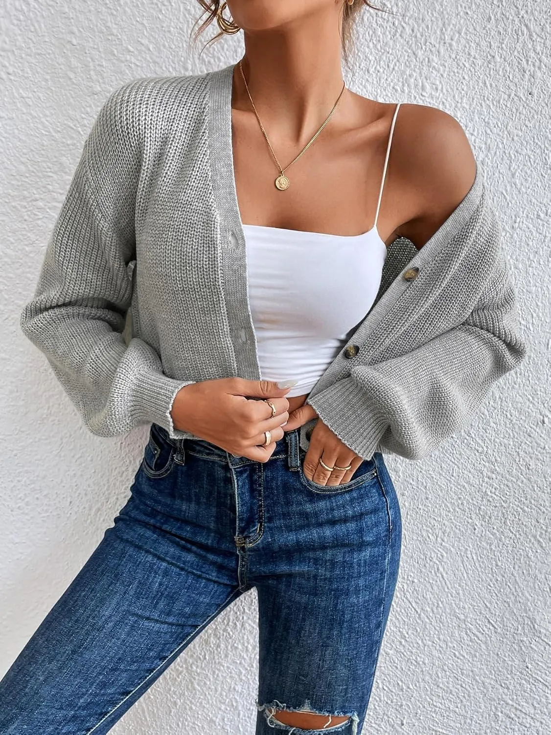 Floerns Women's Solid Long Sleeve Button Down V Neck Cardigan Crop Top Sweater